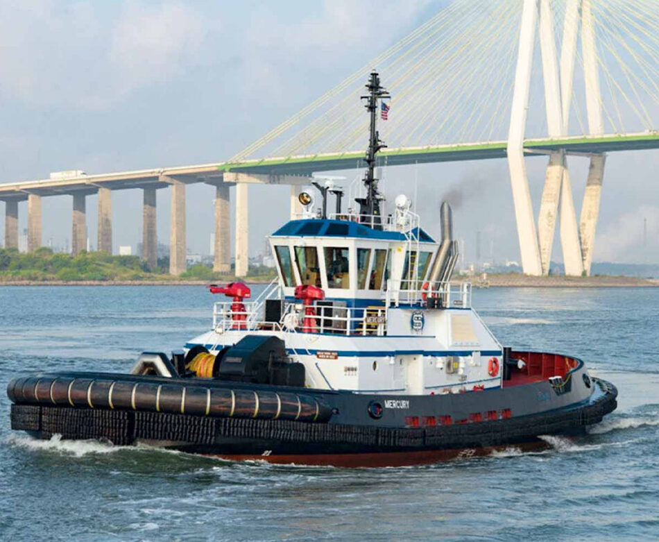 Tugboat on Mobile River with Cochran Bridge in the background